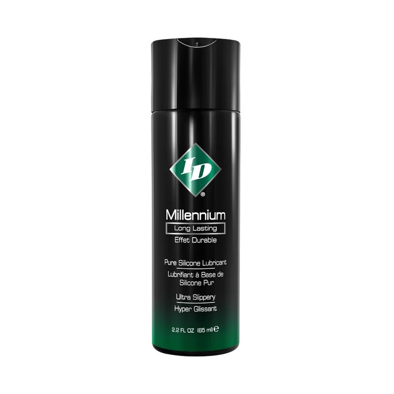 Close-up do ID MILLENIUM Lubrificante Silicone Longa Duração 65ml, destacando sua embalagem e textura.