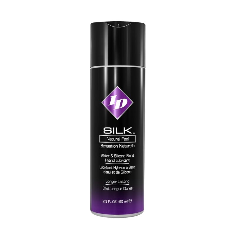 ID Lubrificante Híbrido Silicone/Água Silk Natural Feel 65 ML com detalhe da embalagem e textura