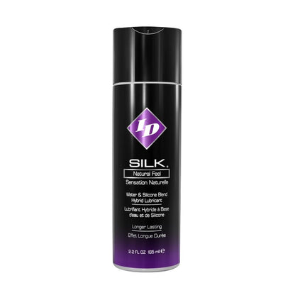 ID Lubrificante Híbrido Silicone/Água Silk Natural Feel 65 ML com detalhe da embalagem e textura