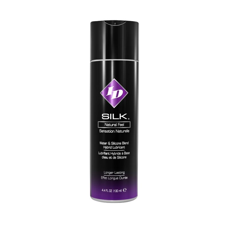 ID Silk Lubrificante Híbrido de Silicone/Água Sensação Natural 130ml, embalagem do produto.