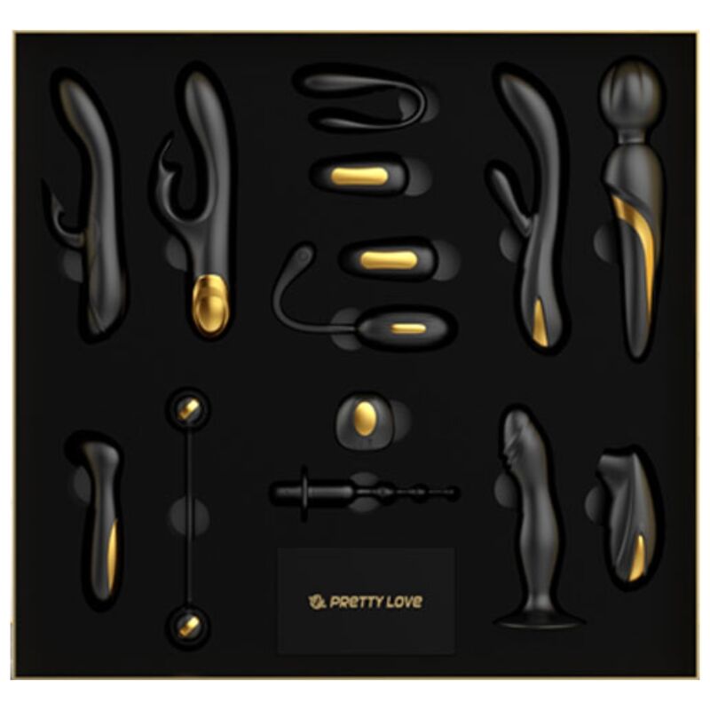 Close-up do Kit PRETTY LOVE Coleção Deluxe Queen, mostrando a variedade de 12 brinquedos sexuais banhados a ouro e em silicone.