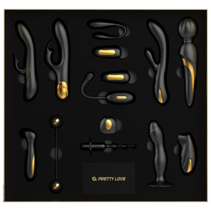Close-up do Kit PRETTY LOVE Coleção Deluxe Queen, mostrando a variedade de 12 brinquedos sexuais banhados a ouro e em silicone.