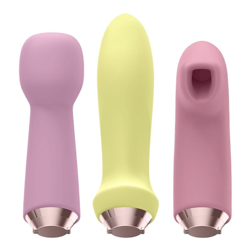 Conjunto Satisfyer Marvelous Four com vibrador, estimulador anal e massageador, exibindo todas as peças e detalhes de silicone.