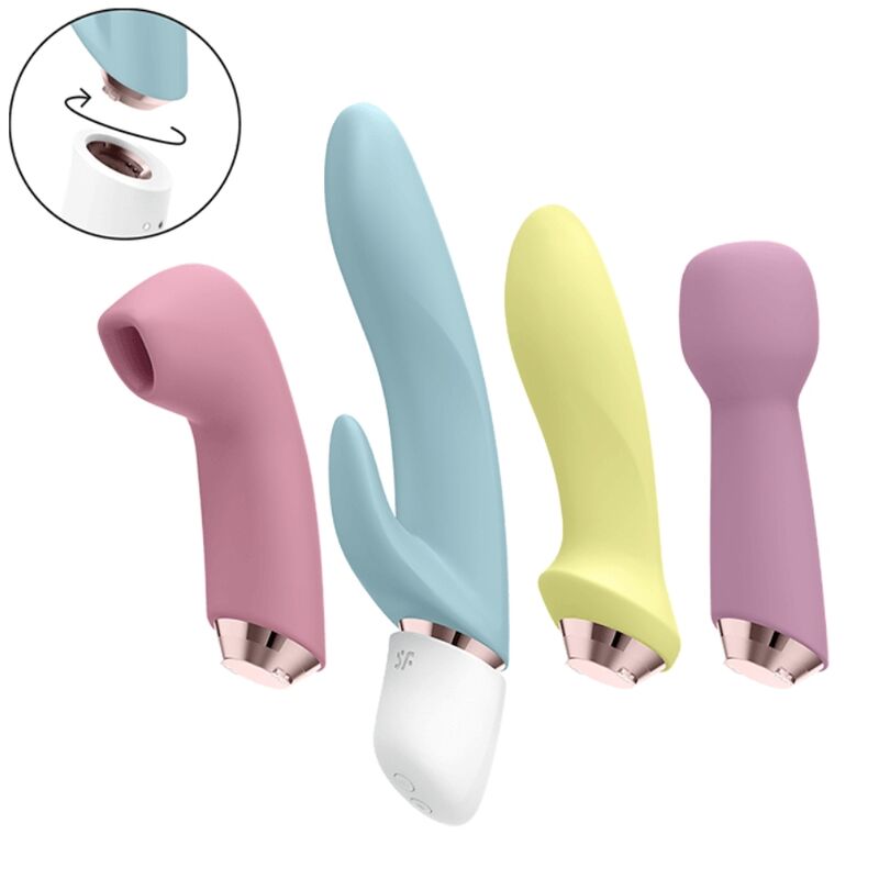 Conjunto Satisfyer Marvelous Four com vibrador, estimulador anal e massageador, exibindo todas as peças e detalhes de silicone.