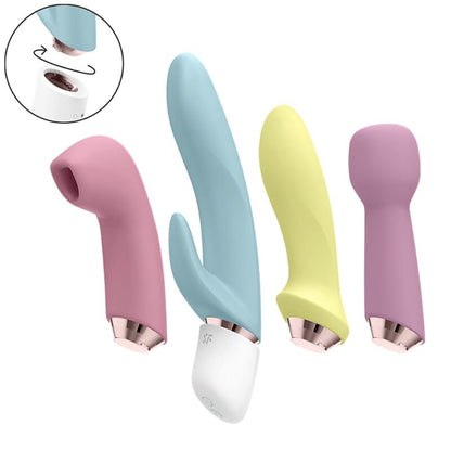 Conjunto Satisfyer Marvelous Four com vibrador, estimulador anal e massageador, exibindo todas as peças e detalhes de silicone.