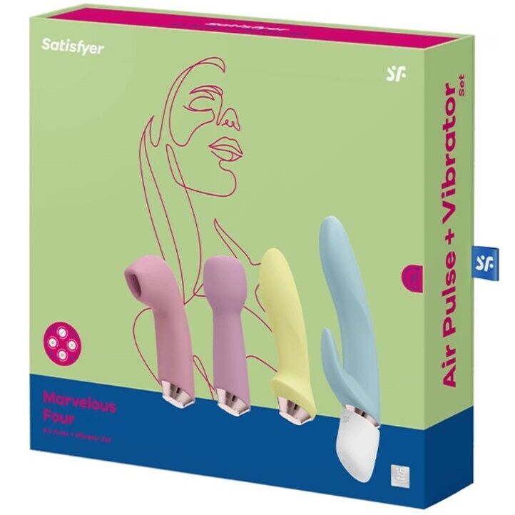 Conjunto Satisfyer Marvelous Four com vibrador, estimulador anal e massageador, exibindo todas as peças e detalhes de silicone.