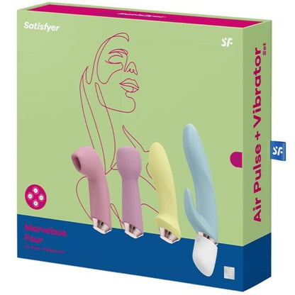 Conjunto Satisfyer Marvelous Four com vibrador, estimulador anal e massageador, exibindo todas as peças e detalhes de silicone.