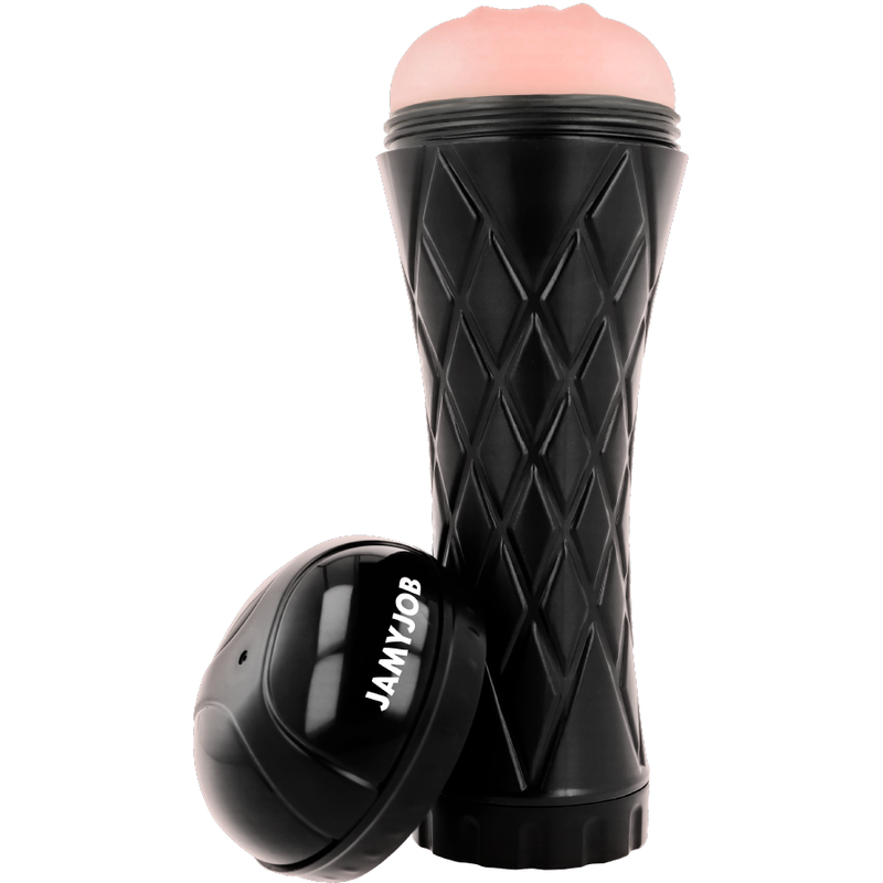 Masturbador masculino Jamyjob com abertura em forma de vagina, exibindo a textura interna.