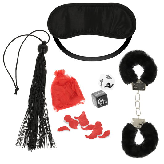 OHMAMA Conjunto de Casais Jogo BDSM 5 Peças com chicote, máscara, dados, algemas e pétalas para experiências íntimas.