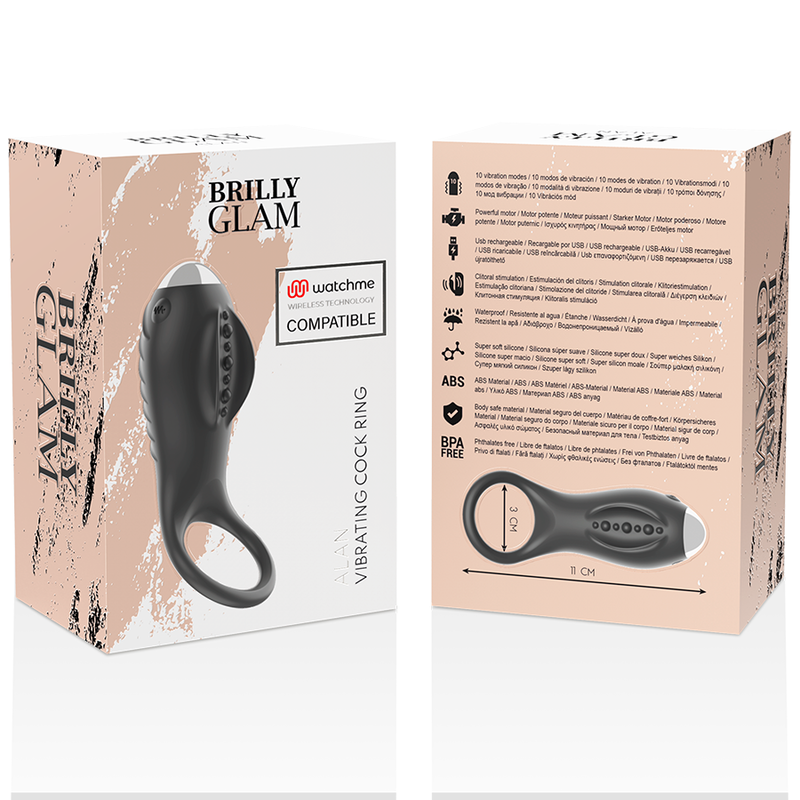 Close-up do anel peniano vibratório BRILLY GLAM Alan com estimulador clitoriano e tecnologia Watchme Wireless