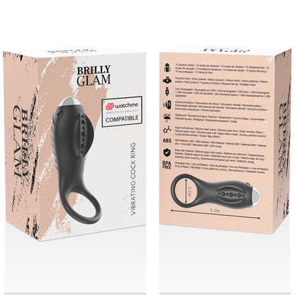 Close-up do anel peniano vibratório BRILLY GLAM Alan com estimulador clitoriano e tecnologia Watchme Wireless