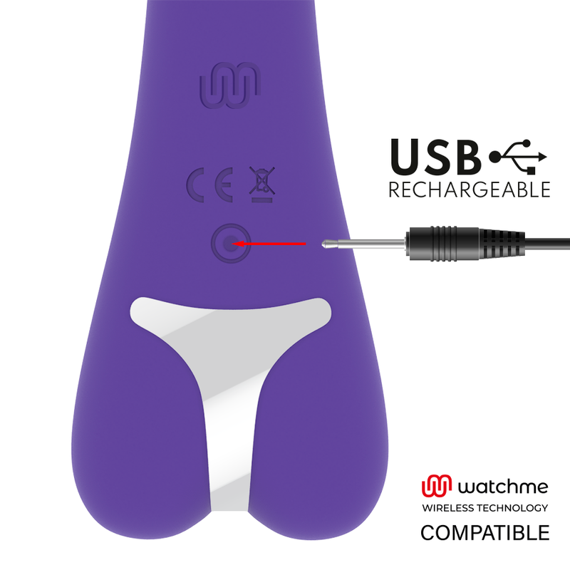 Close-up do Vibrador Coelho MR BOSS Aitor com Watchme Wireless e Dupla Estimulação, mostrando sua textura de silicone e formato ergonómico.