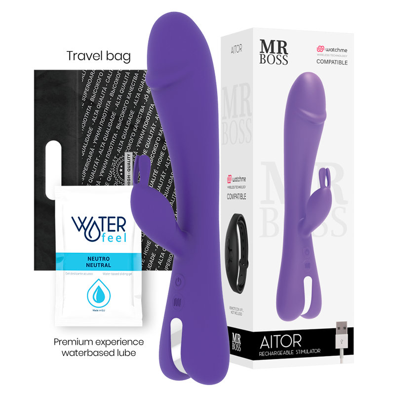 Close-up do Vibrador Coelho MR BOSS Aitor com Watchme Wireless e Dupla Estimulação, mostrando sua textura de silicone e formato ergonómico.