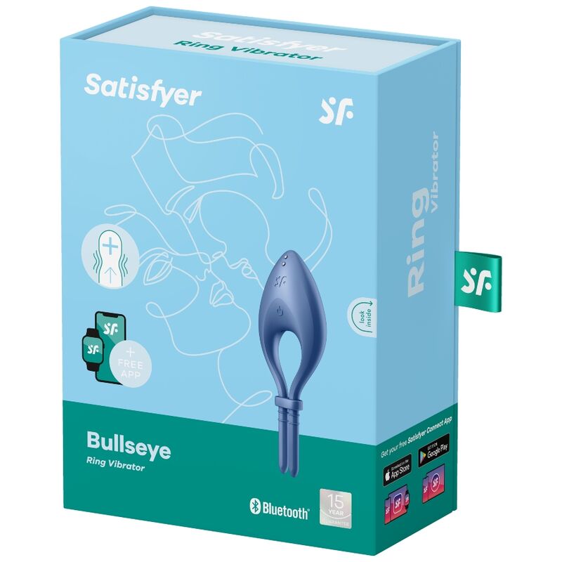 Satisfyer Anel Vibrador Peniano Bullseye Ajustável com App, na cor azul, mostrando detalhes do design ergonómico.