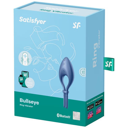 Satisfyer Anel Vibrador Peniano Bullseye Ajustável com App, na cor azul, mostrando detalhes do design ergonómico.