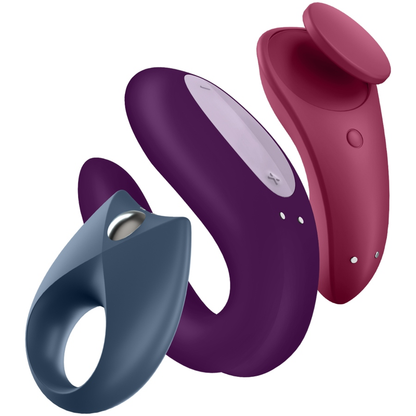Kit de prazer Satisfyer Partner Box 3 com 3 vibradores para casais controláveis por aplicação.