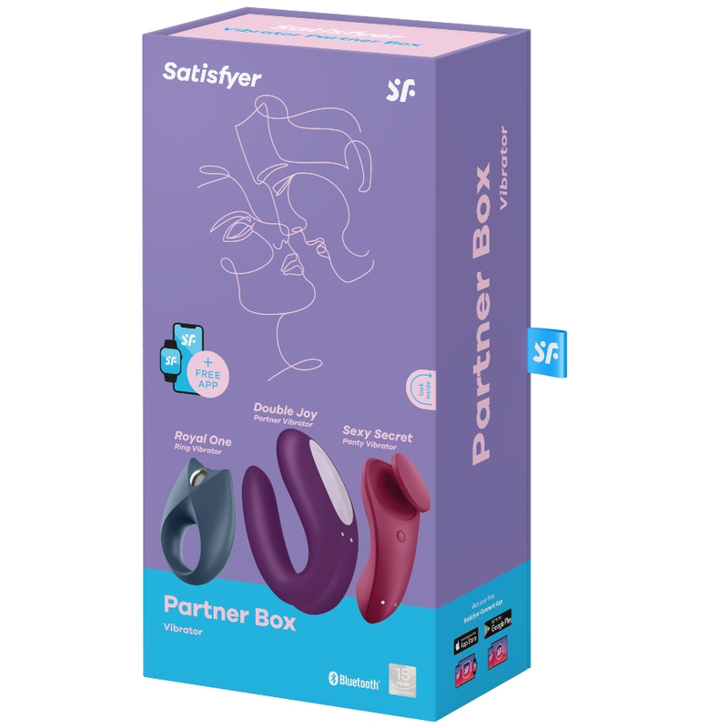 Kit de prazer Satisfyer Partner Box 3 com 3 vibradores para casais controláveis por aplicação.