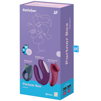 Kit de prazer Satisfyer Partner Box 3 com 3 vibradores para casais controláveis por aplicação.