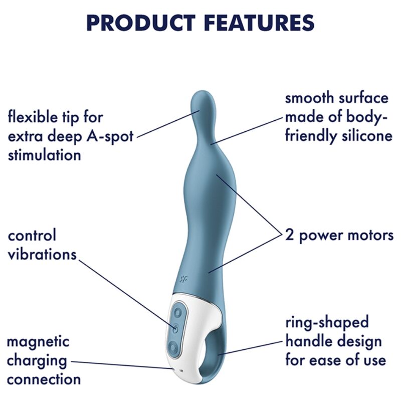 Close-up do Vibrador Satisfyer A-Mazing 1 A-Spot Azul, mostrando seu design ergonómico e material de silicone.