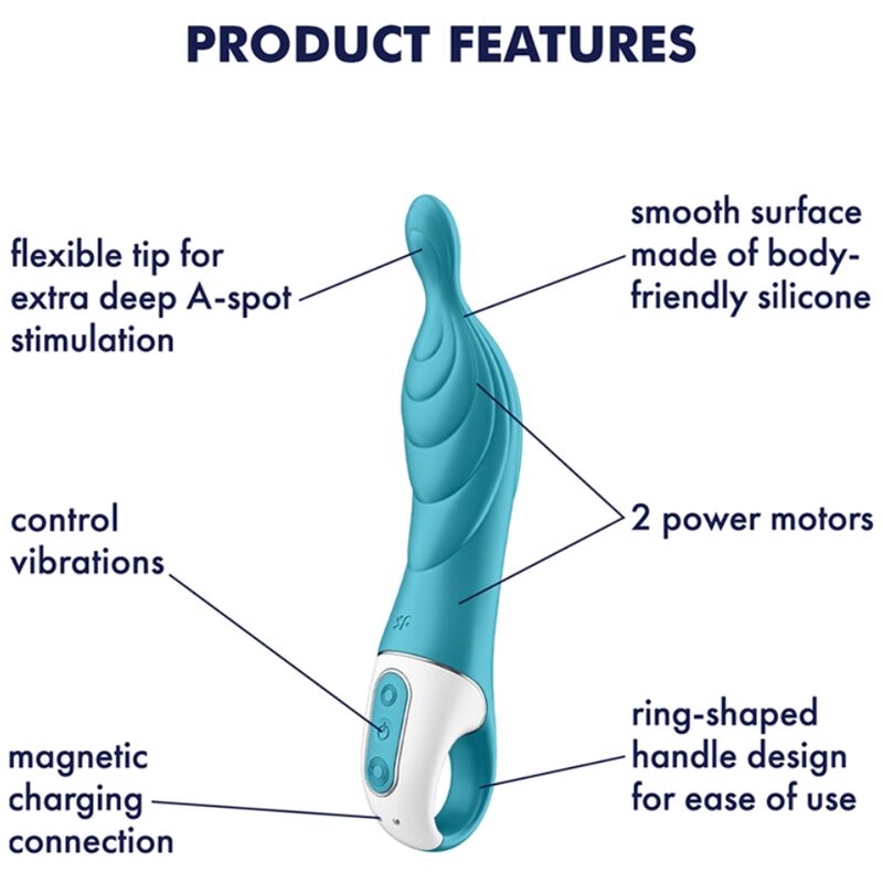 Vibrador Satisfyer A-Mazing 2 turquesa para estimulação profunda do ponto A, com design ergonómico e silicone suave.