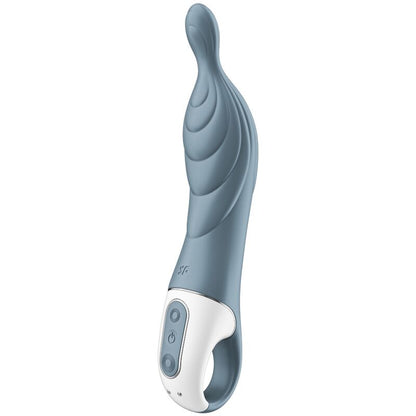 Satisfyer Vibrador A-Mazing 2 para Estimulação Profunda do Ponto A, cinza, com detalhes da haste e painel de controlo.