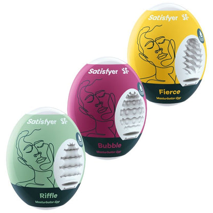 Close-up of the Satisfyer 3 Ovos Masturbadores Eggcited Hydro-Active Variados showing its flexible material and textures.