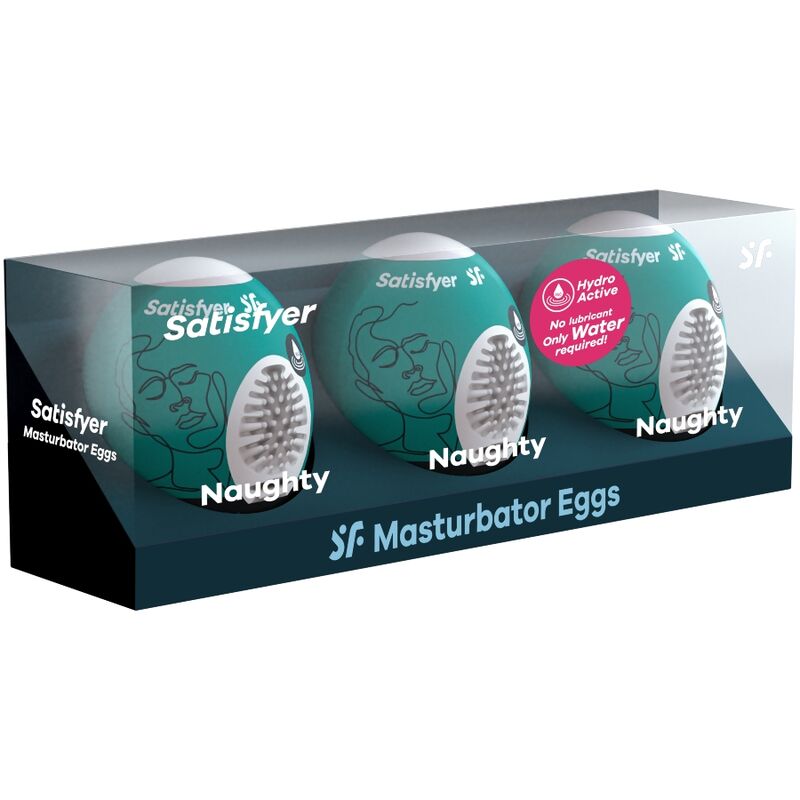 Close-up do conjunto Satisfyer Ovos Masturbadores Eggcited Naughty - 3 Unidades, realçando o material Hydro-Active e as texturas internas.