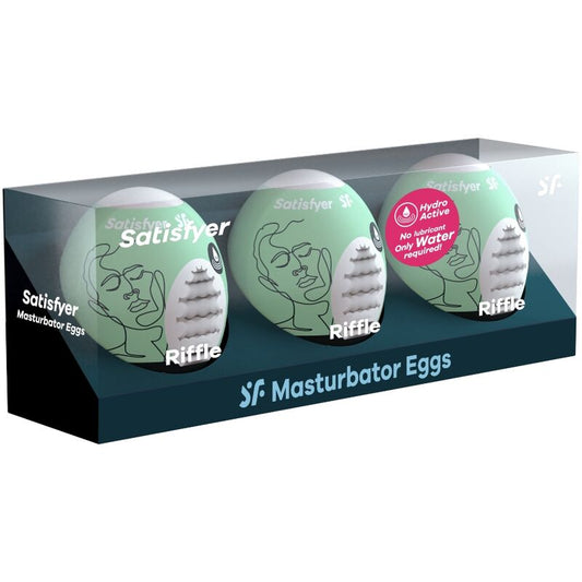Close-up dos 3 ovos masturbadores Satisfyer Eggcited Riffle, mostrando o material flexível e a textura interna.