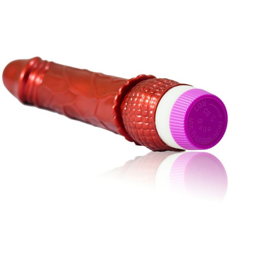 Close-up do Vibrador Realista BAILE Vermelho 23 cm, mostrando a sua textura e detalhes anatómicos.