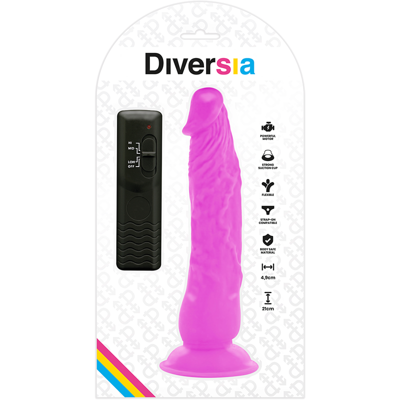 Detalhe do DIVERSIA Vibrador Flexível Vibrante Roxo de 21cm com Controlo Remoto, mostrando seu design e textura.