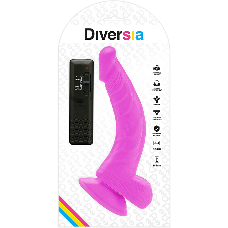 Close-up of the DIVERSIA Vibrador Flexível Com Controlo Remoto Roxo 21.5 CM, showing its flexible shaft, remote, and suction cup.