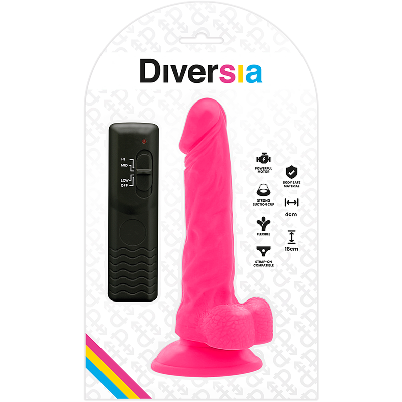 Close-up do DIVERSIA Vibrador Flexível Rosa 18cm, destacando o design ergonómico e controlo remoto.