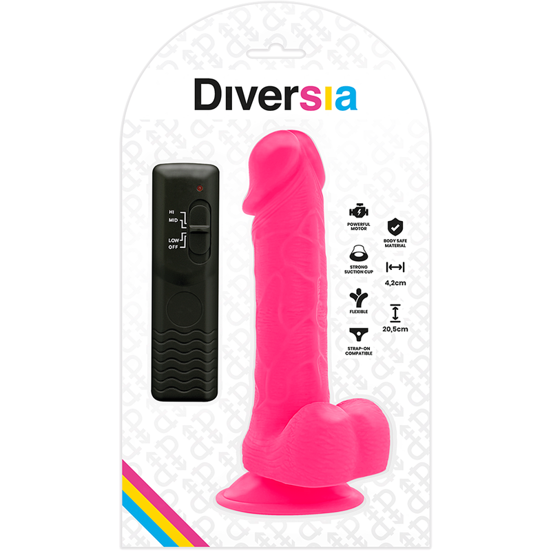 Vibrador flexível Diversia rosa com controlo remoto, mostrando a sua forma ergonómica e base com ventosa.