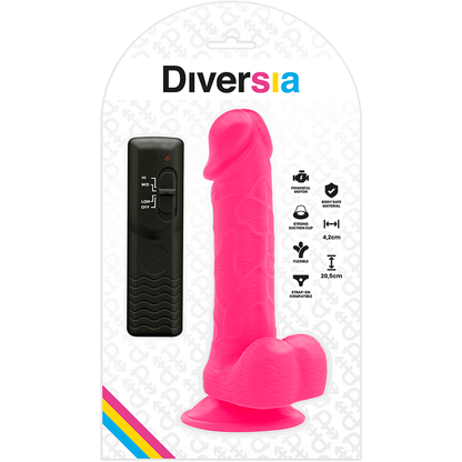 Vibrador flexível Diversia rosa com controlo remoto, mostrando a sua forma ergonómica e base com ventosa.