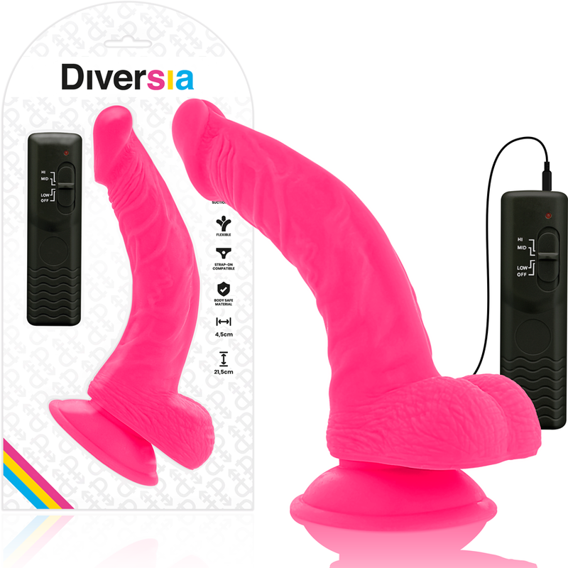 Detalhe do DIVERSIA Vibrador Flexível com Cabo Rosa 21.5 cm, mostrando sua cor e design.