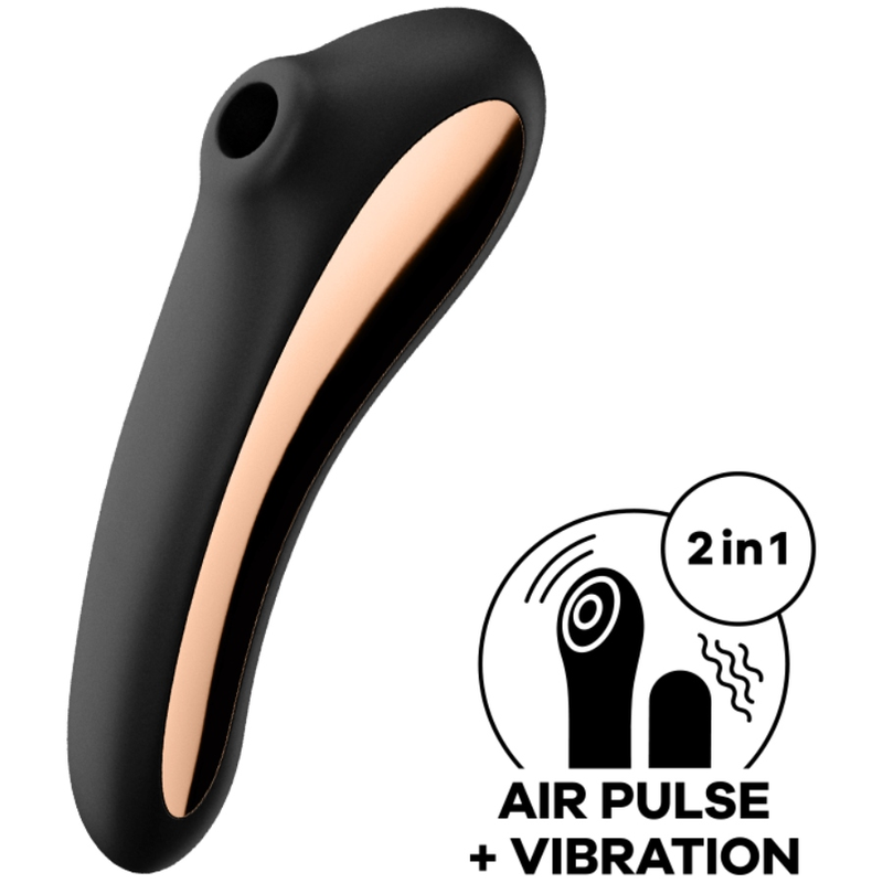 Satisfyer Vibrador Dual Kiss Pulso de Ar e Vibração Preto, mostrando design elegante e cabeça de estimulação.