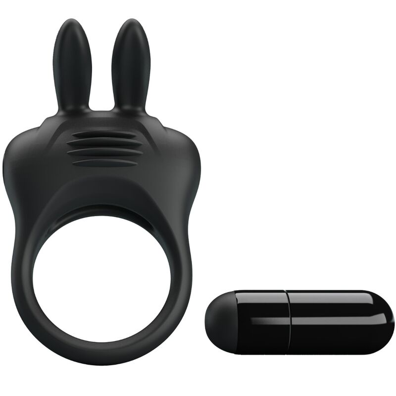Close-up do Anel Vibrador PRETTY LOVE Davion com Estimulador Clitoriano Coelho, mostrando o design e as características vibratórias.