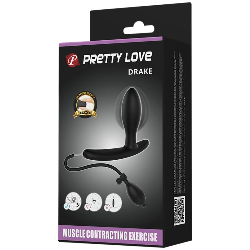 Close-up do PRETTY LOVE Plug Anal Inflável Drake, mostrando seu design elegante em silicone preto e a bomba para enchimento.
