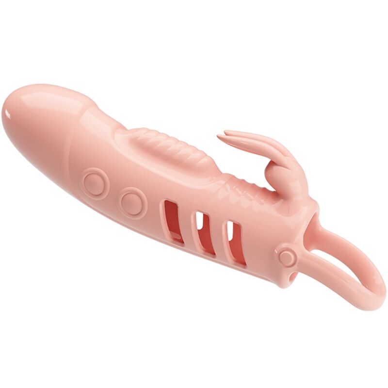 Close-up da Bainha Vibratória para Pénis Coelho Natural Sloane da PRETTY LOVE, destacando o design e o vibrador.