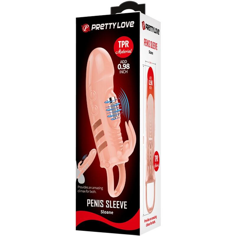 Close-up da Bainha Vibratória para Pénis Coelho Natural Sloane da PRETTY LOVE, destacando o design e o vibrador.