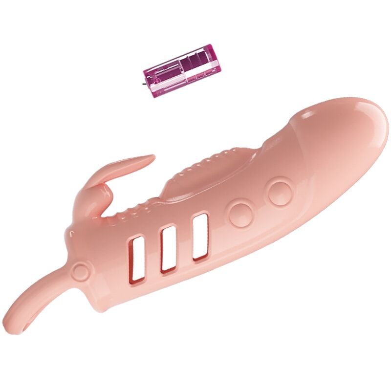 Close-up da Bainha Vibratória para Pénis Coelho Natural Sloane da PRETTY LOVE, destacando o design e o vibrador.