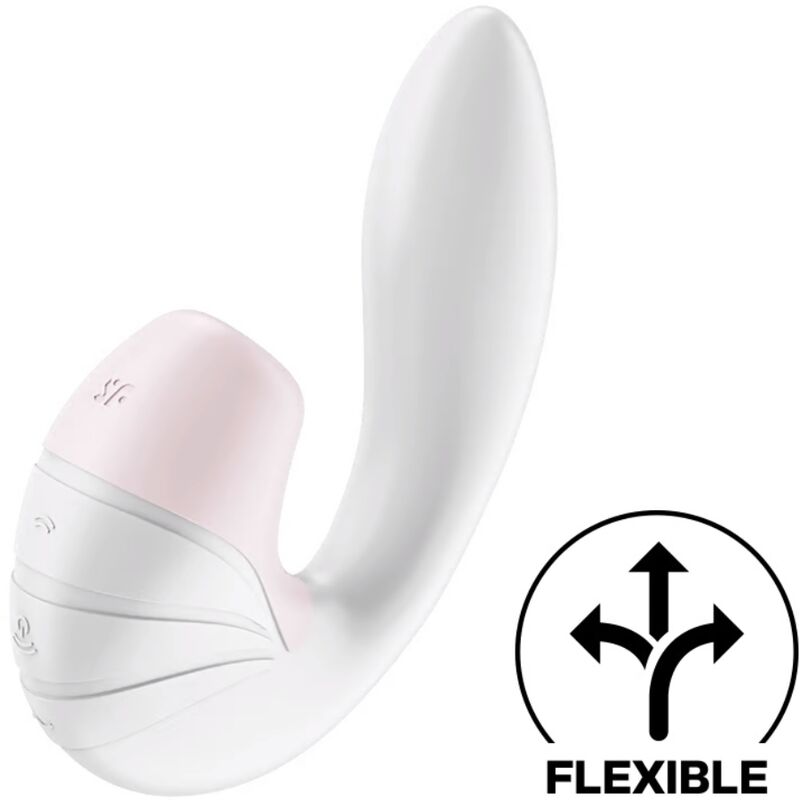 Satisfyer Supernova Estimulador de Pulso de Ar e Vibração Dupla em branco, mostrando seu design flexível e pontas de estimulação.