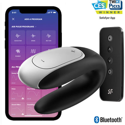 Vibrador Satisfyer Double Fun para Casais em preto, mostrando o design em U e os pontos de estimulação.