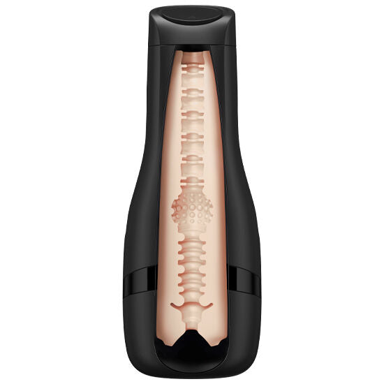 Imagem detalhada da Satisfyer Men Sleeve Tri Delícias, mostrando suas três texturas internas para estimulação masculina.