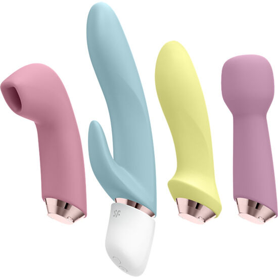 Conjunto Satisfyer Marvelous Four com vibrador, estimulador anal e massageador, exibindo todas as peças e detalhes de silicone.