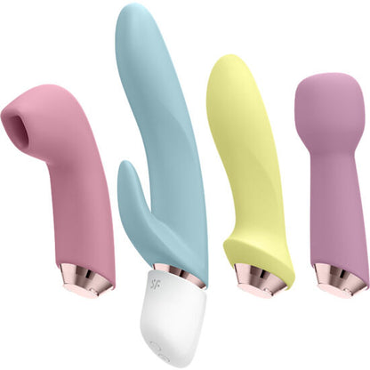 Conjunto Satisfyer Marvelous Four com vibrador, estimulador anal e massageador, exibindo todas as peças e detalhes de silicone.