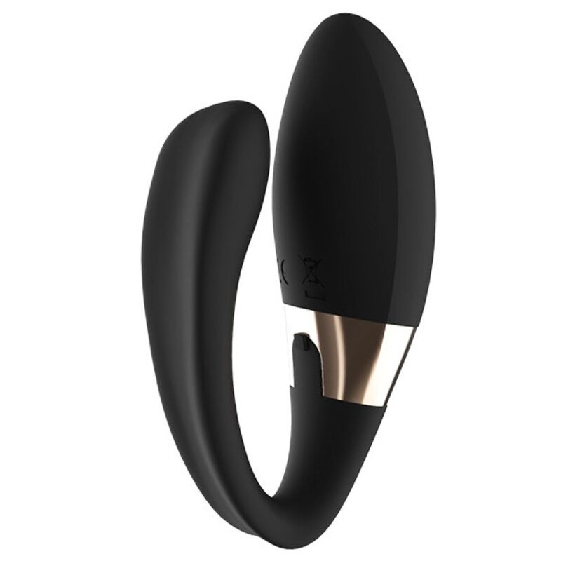 LELO Tiani Duo Vibrador de Casais com Controle Remoto na cor preta, mostrando seu design ergonômico e a interface de controle.