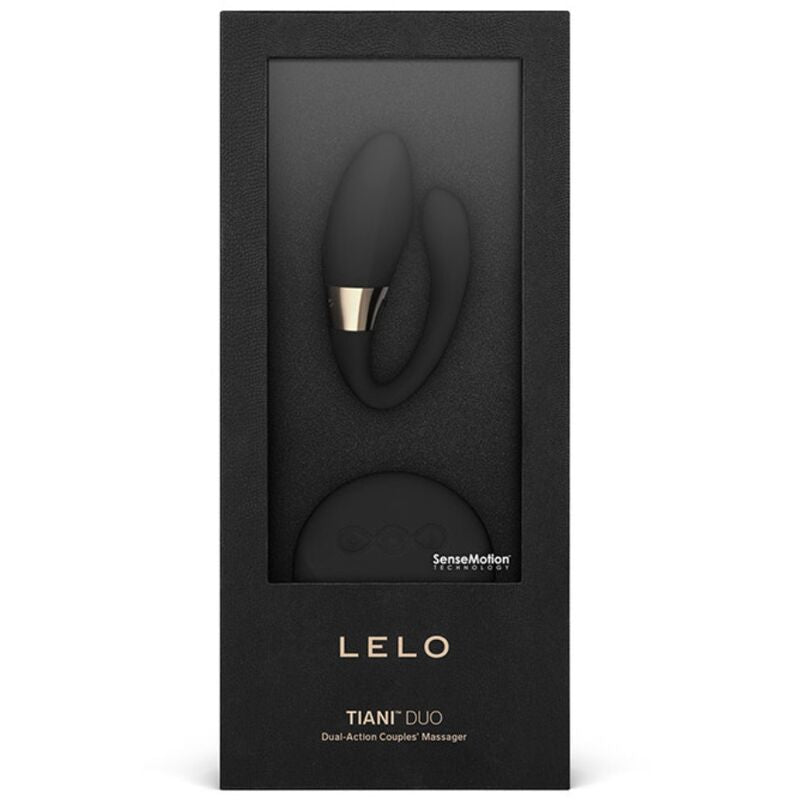 LELO Tiani Duo Vibrador de Casais com Controle Remoto na cor preta, mostrando seu design ergonômico e a interface de controle.
