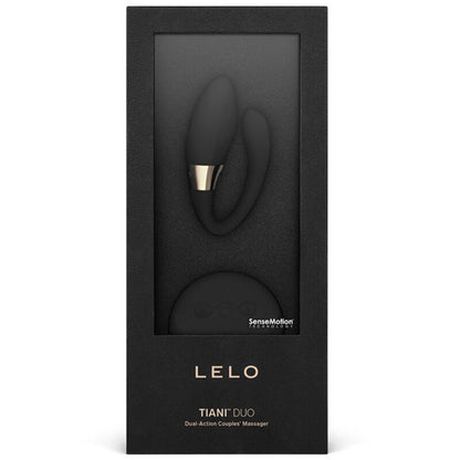 LELO Tiani Duo Vibrador de Casais com Controle Remoto na cor preta, mostrando seu design ergonômico e a interface de controle.