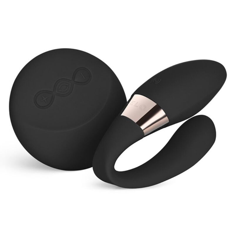 LELO Tiani Duo Vibrador de Casais com Controle Remoto na cor preta, mostrando seu design ergonômico e a interface de controle.